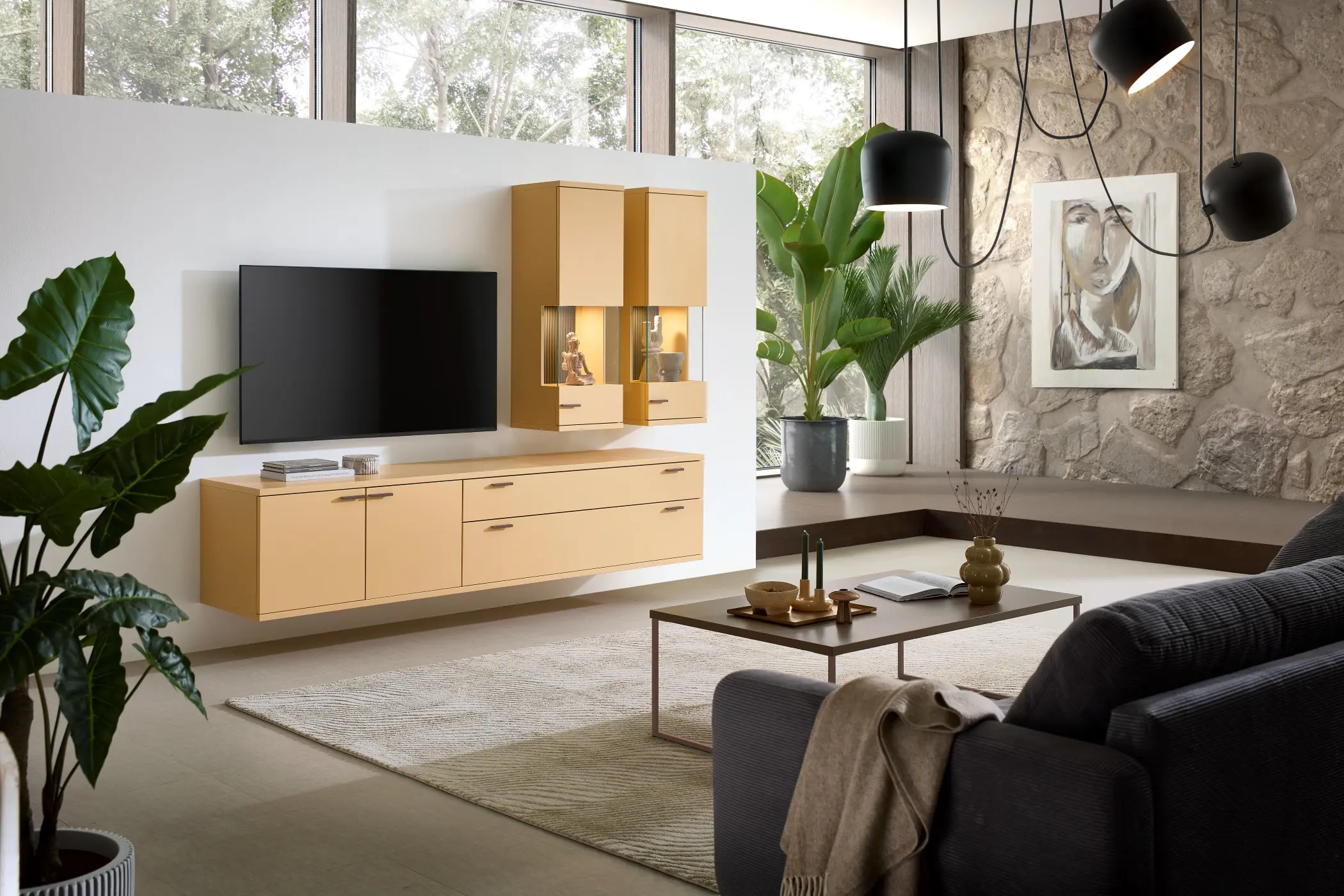 Lowboard mit 2 Vitrinen-Hängeschränken, beleuchtet, Farbe peach